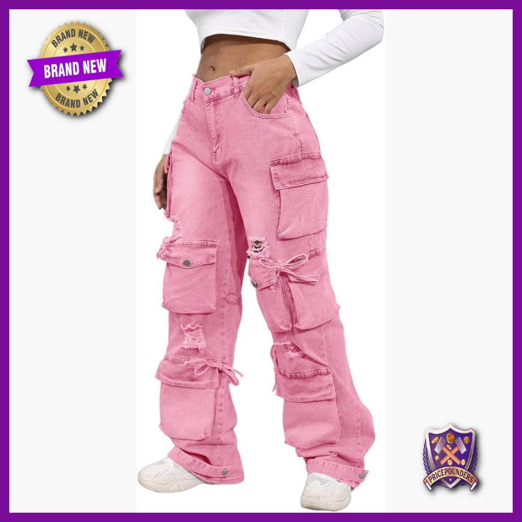 High Waist Wide Leg Cargo Jeans Loose Fit Stretch Denim Streetwear